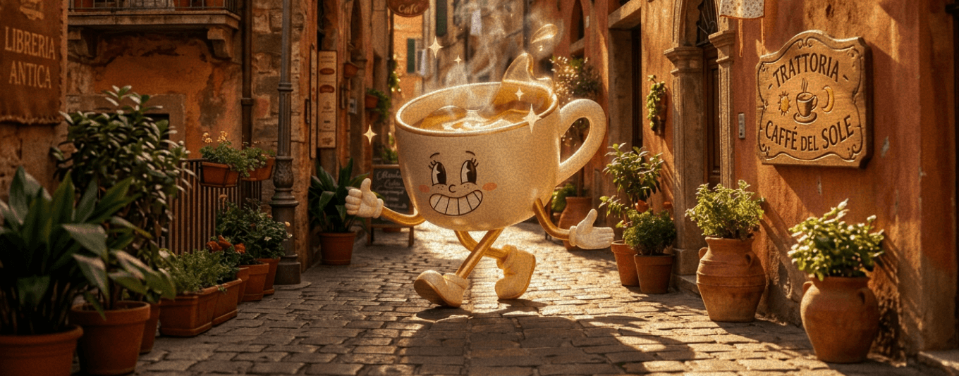 Italian cobblestone street with an animated coffee cup character