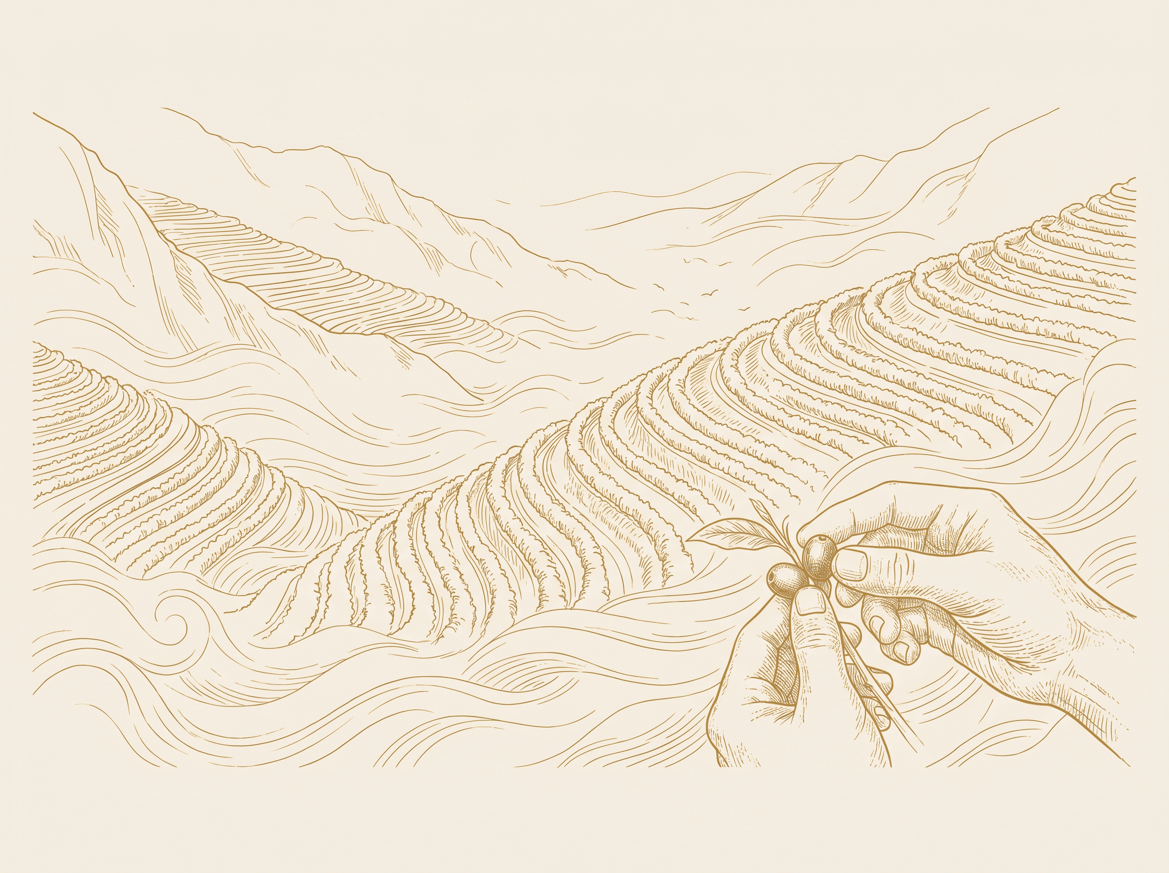 Illustration of rolling coffee terraces from the Italian highlands